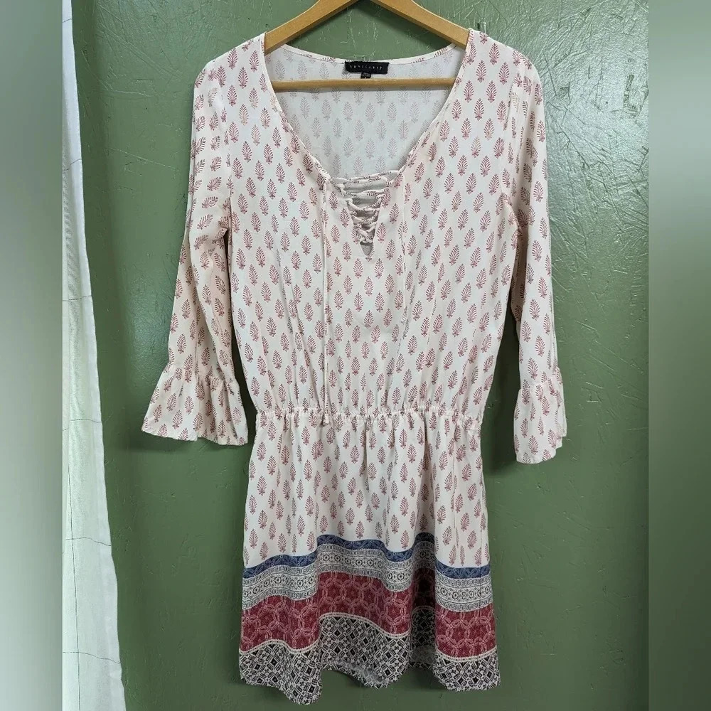 Sanctuary Boho mini dress, cream, red, flowy fit women's size small A9